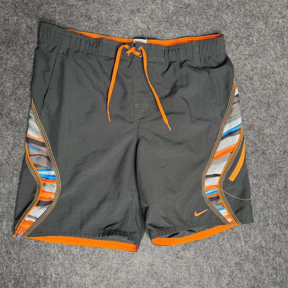 Nike Mens Swim Trunks Board Shorts Grey Orange Graphic Mesh Lined Size‎ Medium